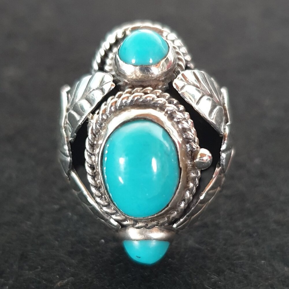 Bold Vintage 1940s Taxco Mexico Turquoise Sterling Silver Art Deco Poison Ring